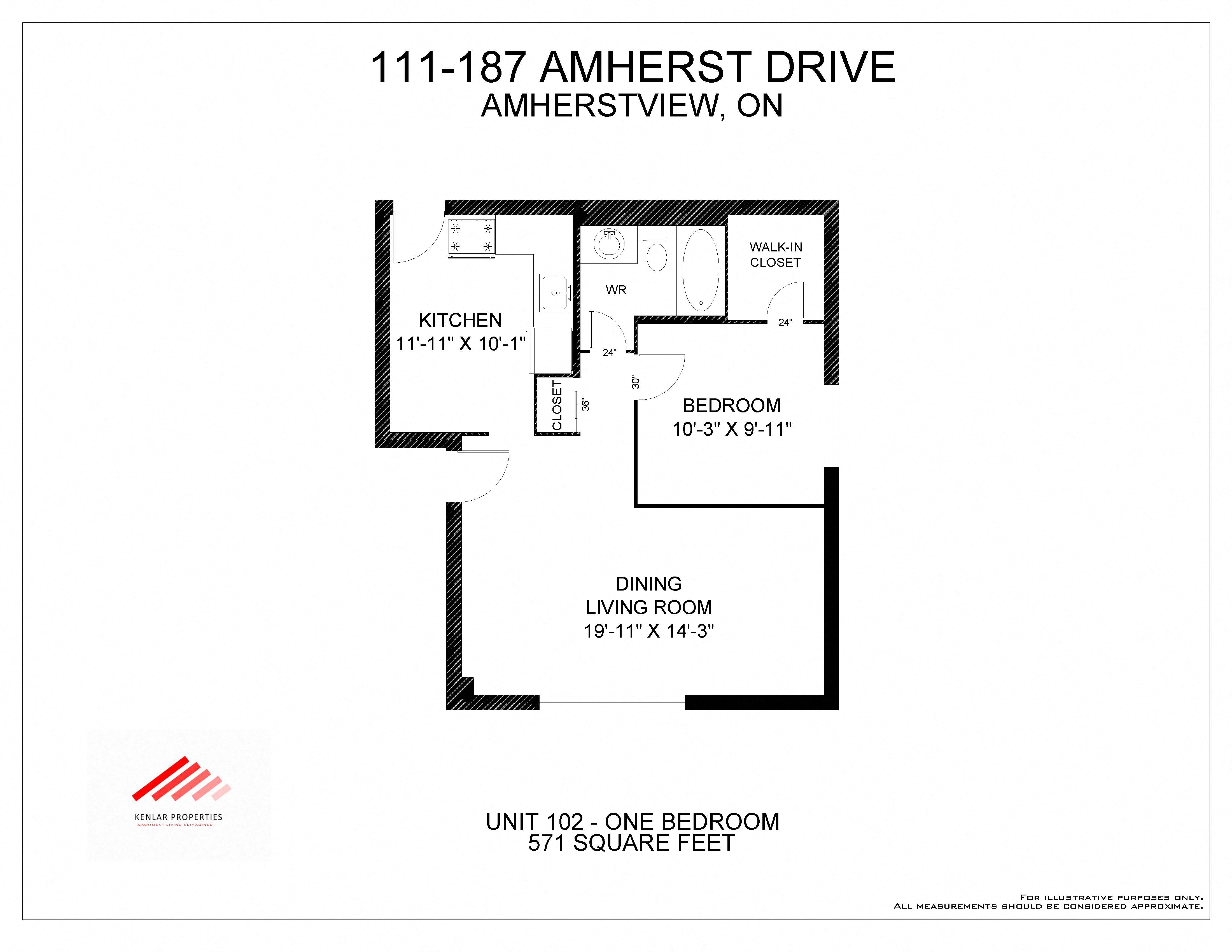 Floor plan for 1 bed, 1 bath, 634 sqft